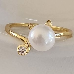 Womens 8mm Cultured Freshwater Pearl Gold Plated‎ Ring Cat Shape Adjustable